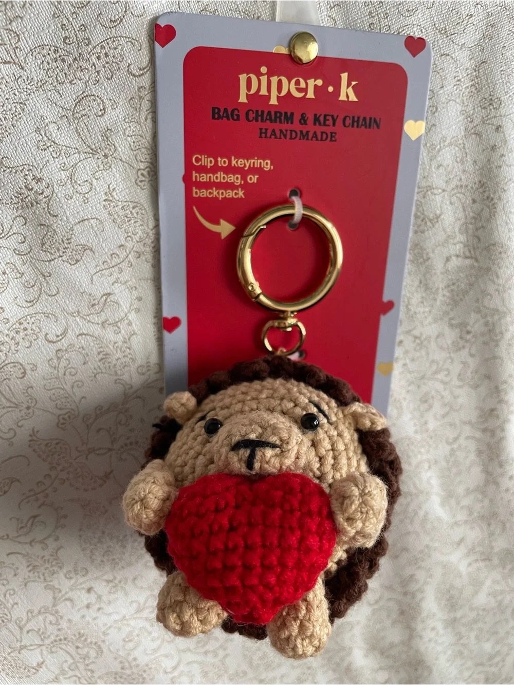 Piper K Handmade Crochet Hedgehog Bag Charm Key Chain Backpack Heart NEW